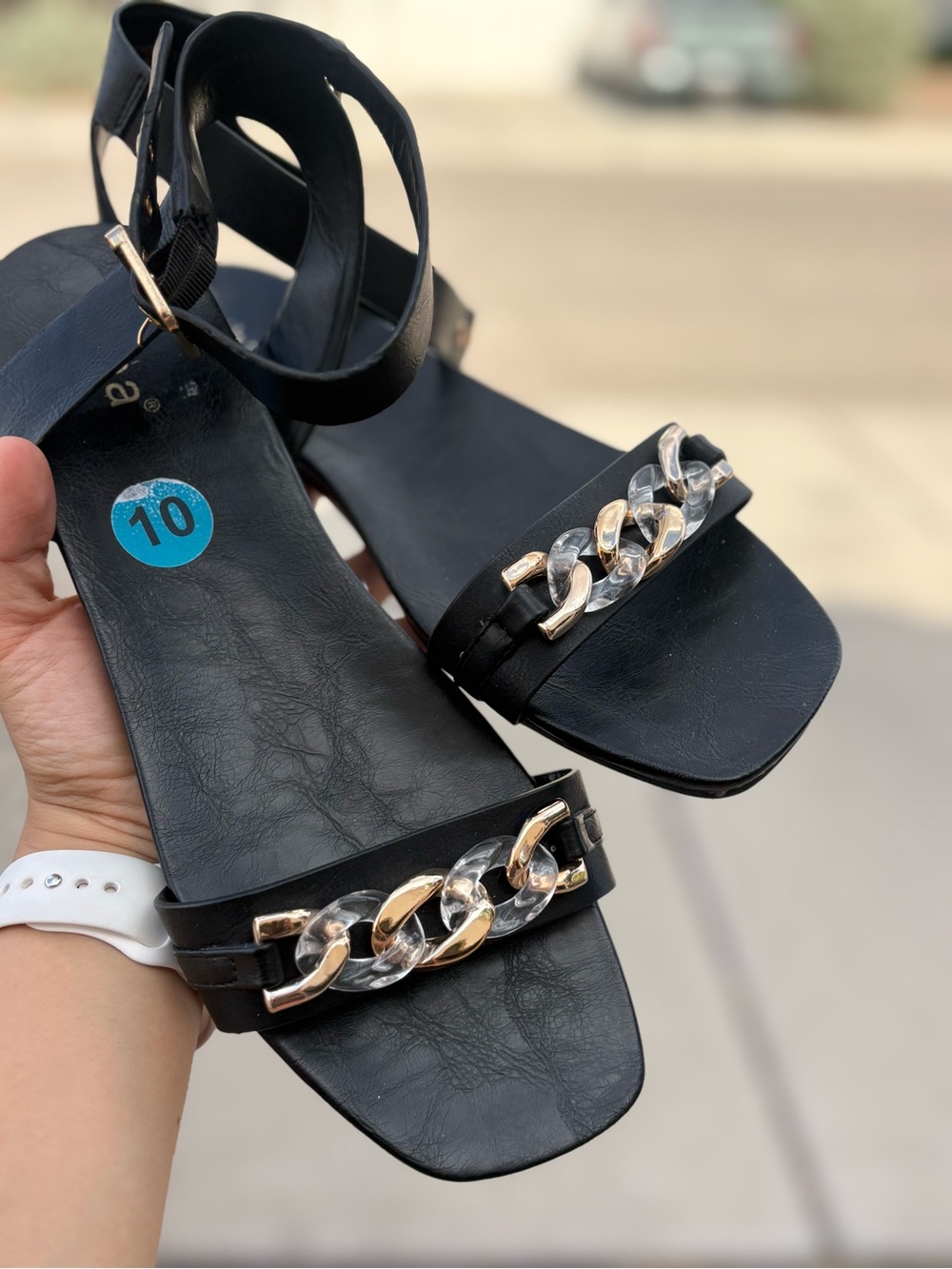 Others Follow Black Ankle-Strap Sandals with Gold & Silver Chain